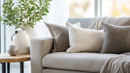Fototapeta na wymiar Close-up shot showcasing the inviting allure of a grey sofa with a variety of throw pillows in a modern white living room.