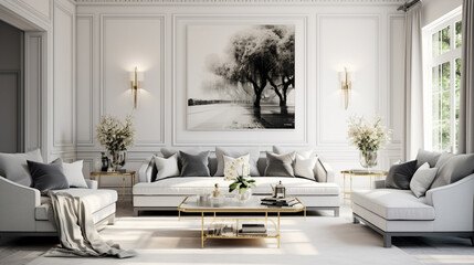 Elegance personified in a white living room with a focal point on a luxurious grey sofa adorned with coordinating pillows. - obrazy, fototapety, plakaty