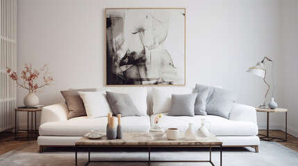 Fototapeta na wymiar Aesthetic balance achieved with a grey sofa and perfectly arranged pillows in a contemporary white living room.