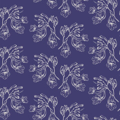 Vector floral seamless pattern outline style branch of jacaranda flowers. Beige elements on violet background. Hand drawn illustration for design packaging, textile, wallpaper, fabric