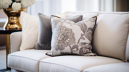 Close-up shot capturing the intricate details of throw pillows on a luxurious grey sofa in a white living room.