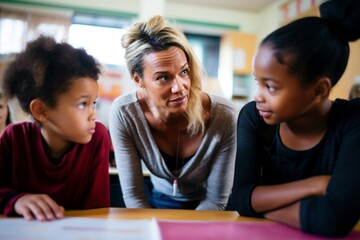 Positive Learning Vibes: Smiling Teacher with Pupils in Classroom