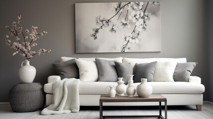 Harmonious blend of grey and white in a living room, featuring a plush sofa with coordinating pillows.