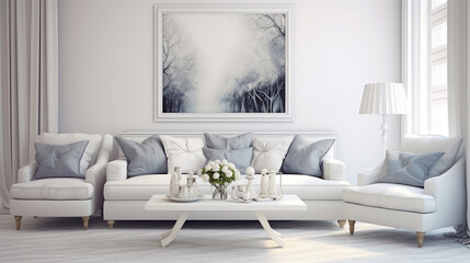 High-definition snapshot of a modern white living room showcasing a grey sofa adorned with chic throw pillows.