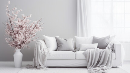 Soft textures on a grey sofa complementing the serene ambiance of a white living room.