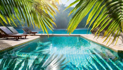 Fototapeta na wymiar summer tropical background swimming pool with tropical leaf shadow generative ai