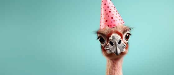 Funny funny ostrich with party hat on head on blue background. Happy Birthday, carnival, New Year's eve, sylvester or other festive celebration. - obrazy, fototapety, plakaty