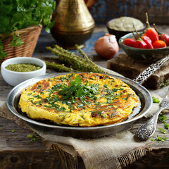 A plate of Persian kuku sabizi, a baked herb omelet, in a rustic setting. - obrazy, fototapety, plakaty