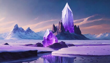 fantasy landscape with sandy glaciers and purple crystal concept art fantasy - obrazy, fototapety, plakaty