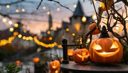 glowing pumpkin decorations of the city for the holiday halloween concept background with selective focus