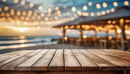 wooden table and blur beach cafes background with bokeh lights high quality photo