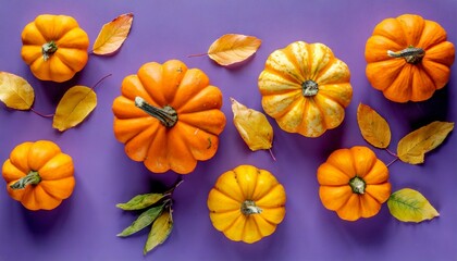 small pumpkins on purple background top view ai generated