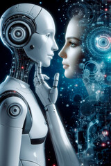 A female cyborg looking straight into the eyes of a humanoid android