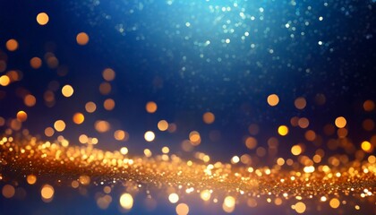 golden sparkles on dark blue banner empty background bokeh blurred texture glitter defocused...