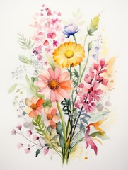 Isolated Watercolor Art Piece of Summer Flowers on White Background AI Generated