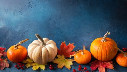 pumpkins and autumn maple leaves on dark blue background thanksgiving day concept 16x9 banner copy space