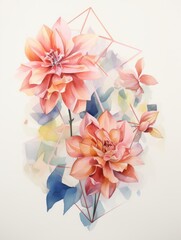 Modern Watercolor Artwork of Flowers and Geometric Shapes on White Canvas AI Generated