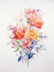 Modern Watercolor Artwork of Flowers and Geometric Shapes on White Canvas AI Generated