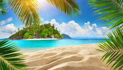 tropical sand with palm leaves and paradise island