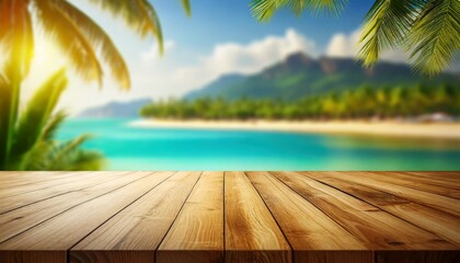 wooden table top with the blurred tropical beach landscape for display or montage your products ai generative