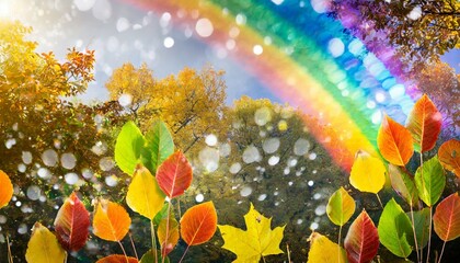 Fototapeta na wymiar autumn and thanksgiving wallpaper background with colourful leaves and rainbow
