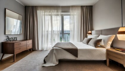 Fototapeta na wymiar modern bedroom miminal interior design window with simple curtains