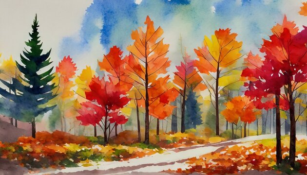 autumn forest landscape colorful watercolor painting of fall season red and yellow trees beautiful leaves pine trees minimal elegant flat scenery artistic natural scenery vintage pastel colors