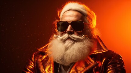 A trendy and stylish Santa Claus sporting sunglasses against an orange background, perfect for Christmas and New Year-themed advertising, promotions, banners, and brochures