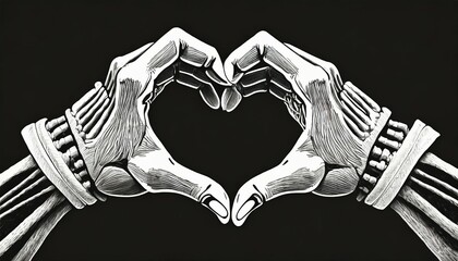 hand gesture skeleton hands folded in a heart heart gesture black and white line drawing for t shirt design - obrazy, fototapety, plakaty