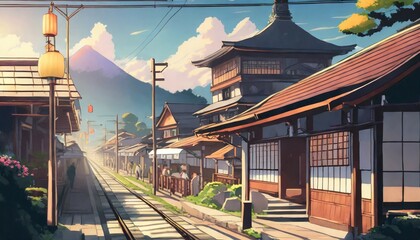 a beautiful japanese village city town in the morning railway station with shop anime comics artstyle cozy lofi asian architecture 16 9 4k resolution generative ai