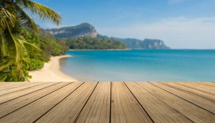 wood floor deck on blur beach background can be used for display or montage your products high quality photo