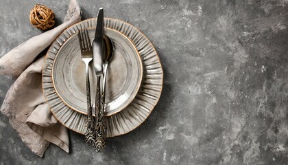 plate and serving of cutlery on a gray background grunge style generative ai - obrazy, fototapety, plakaty