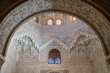  Beautyfull arch,capitals and stucco decoration portico in Mexuar Palace of the Lions, Alhambra,...