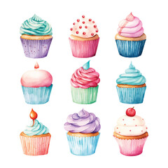 set of cupcakes with candles