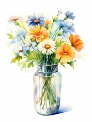 Flowers in Glass Vase Reflecting Light on White Background AI Generated
