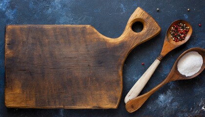 abstract food background top view of dark rustic kitchen table with wooden cutting board and cooking spoon frame banner or template with copy space for your design kitchen utensils objects