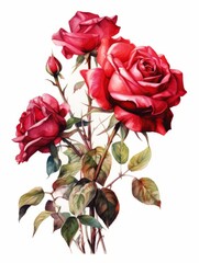 Isolated Watercolor Painting of Red Roses on White Background AI Generated