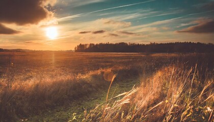 scenic shot of sunset over an autumn field with dry grass in lithuania cool for background - obrazy, fototapety, plakaty