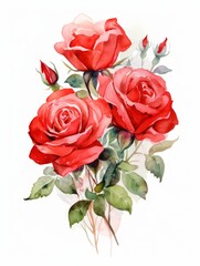Isolated Watercolor Painting of Red Roses on White Background AI Generated
