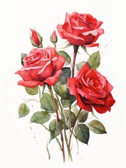 Vibrant Watercolor Painting of Red Roses on White Background AI Generated