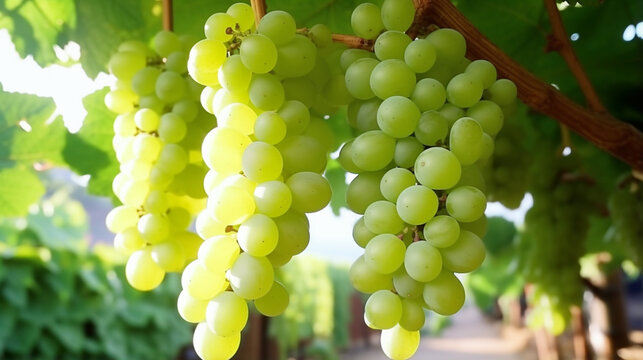 Close up of grapes hanging on branch. Hanging grapes. Grape farming. Grapes farm. generative ai