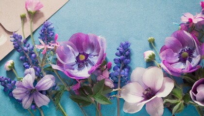 purple blue pink flowers on paper background