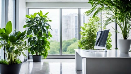 bright and clean office environment abstract background bright office with green plants and large windows - obrazy, fototapety, plakaty