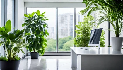 Poster bright and clean office environment abstract background bright office with green plants and large windows © Kelsey