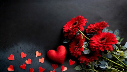 valentine s day red hearts on black background with copy space love and red flowers dark background