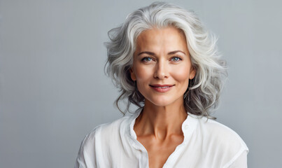 Fototapeta premium Elegant senior woman with silver hair, maintaining a youthful and healthy appearance through self-care and wellness