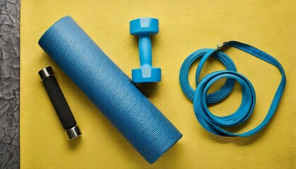 top view of fitness mat with blue dumbbells and resistance band on yellow background