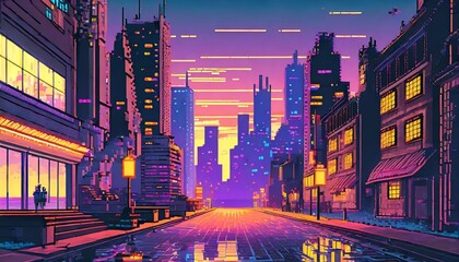 pixel art neon lit street in a big city at sunset sci fi fantasy historic horror scene generative...