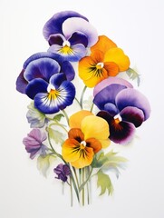 Group of Pansies on White Canvas AI Generated