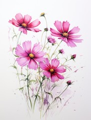 Bright Cosmos Flowers on White Canvas AI Generated
